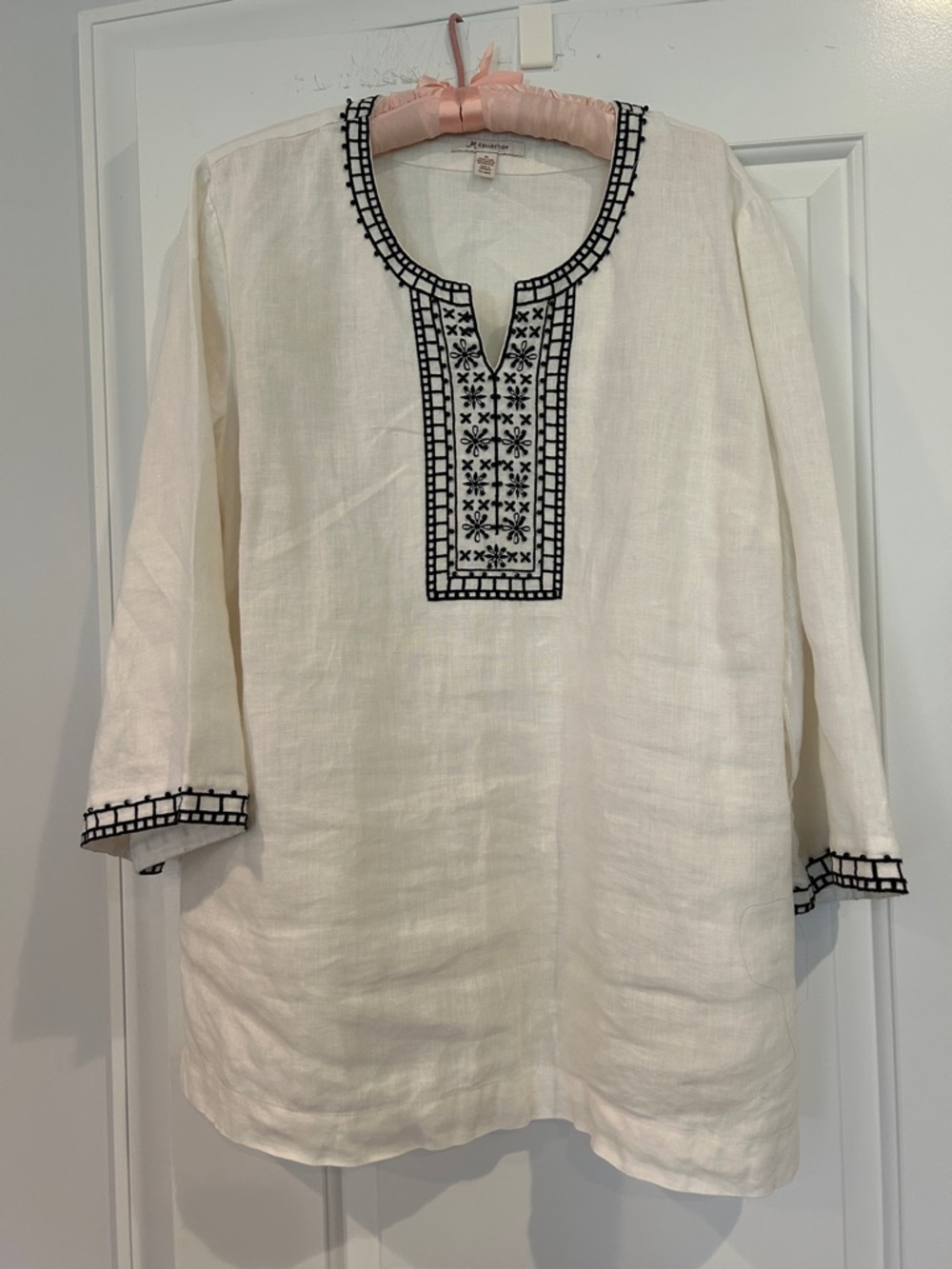 JM Collection White Linen Tunic Top With Embroidered & Beaded Boho 3/4 Sleeve